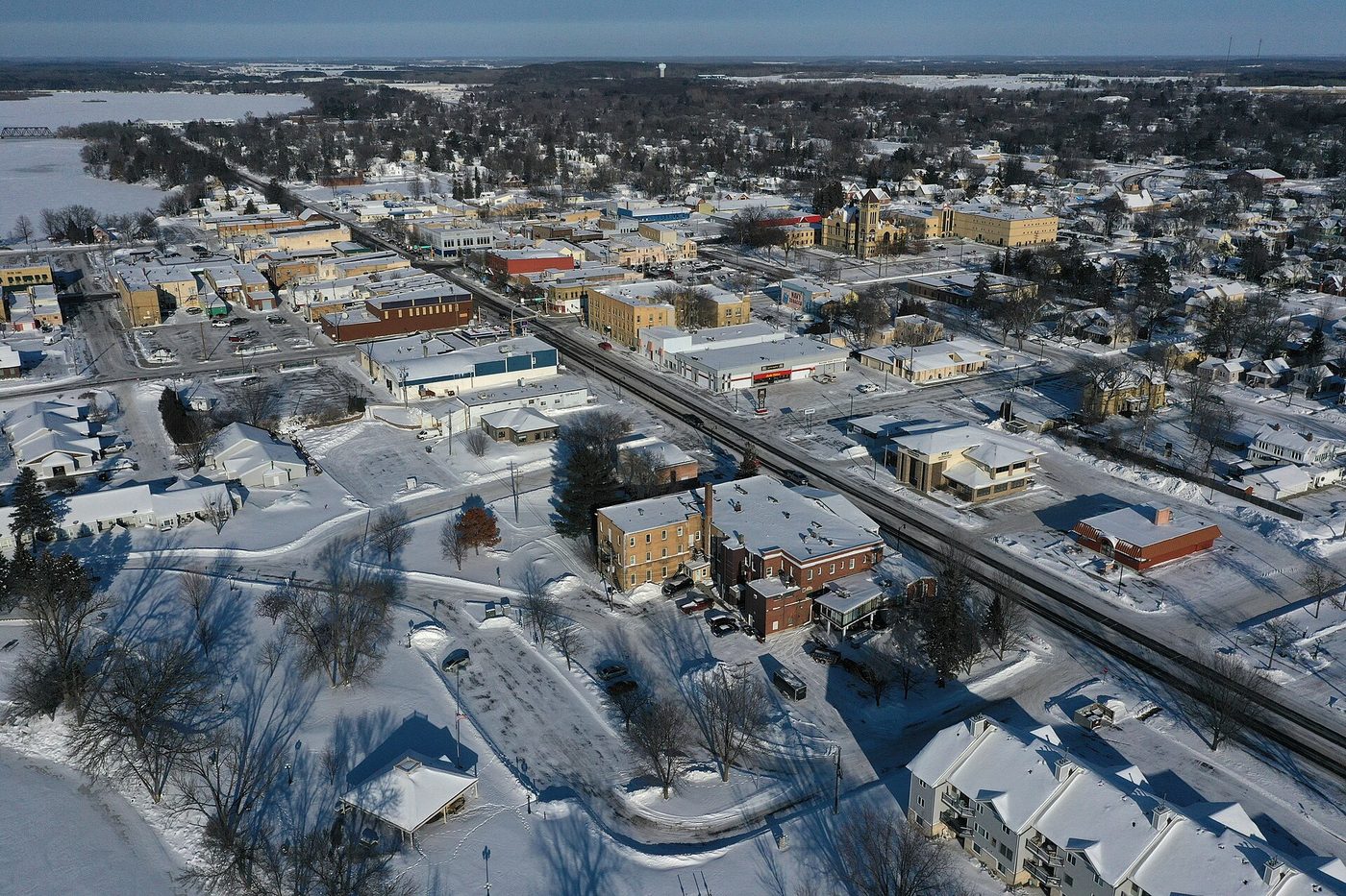 Aerial view of historic downtown Little Falls, Minnesota