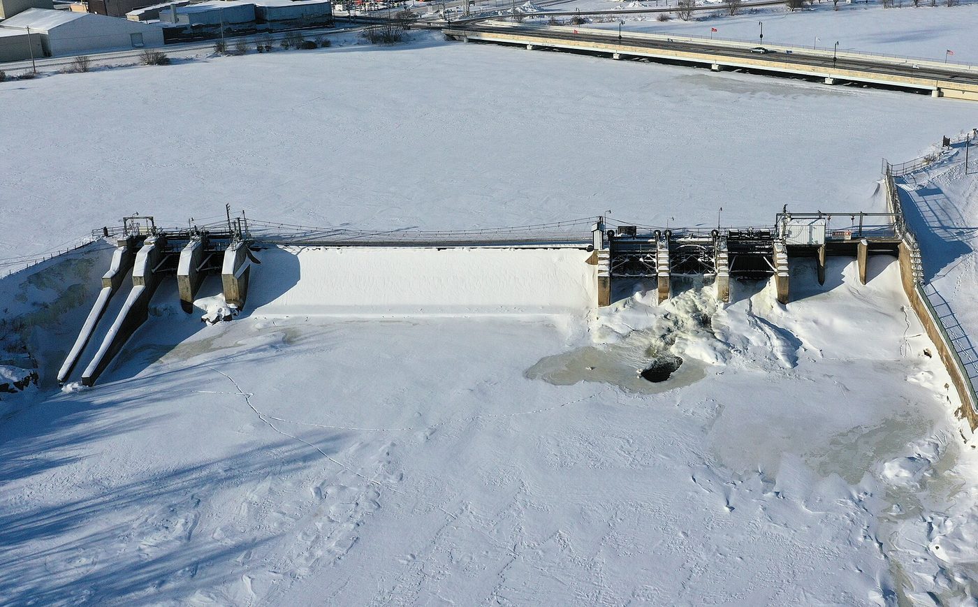 The Little Falls dam on the Mississippi River in winter